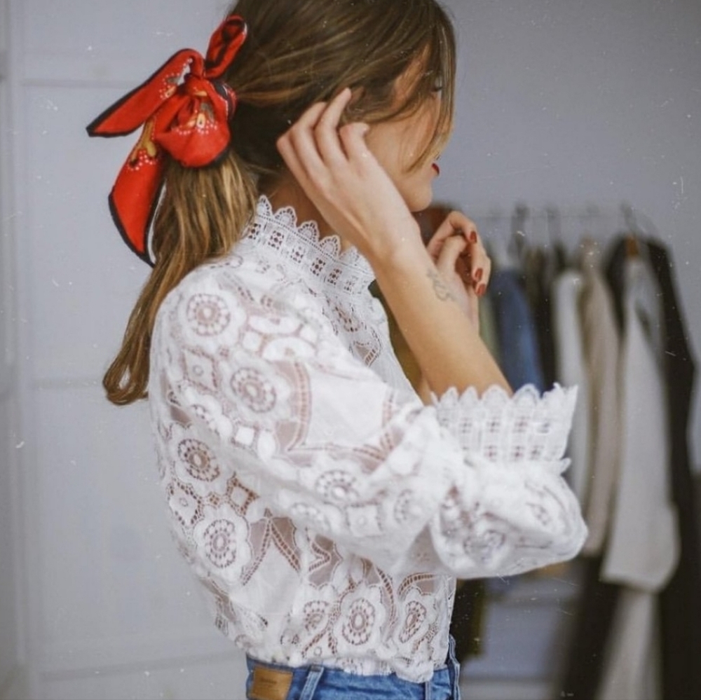 Boho White Lace Top Long Sleeve White Retro Vintage - Picture 8 of 10